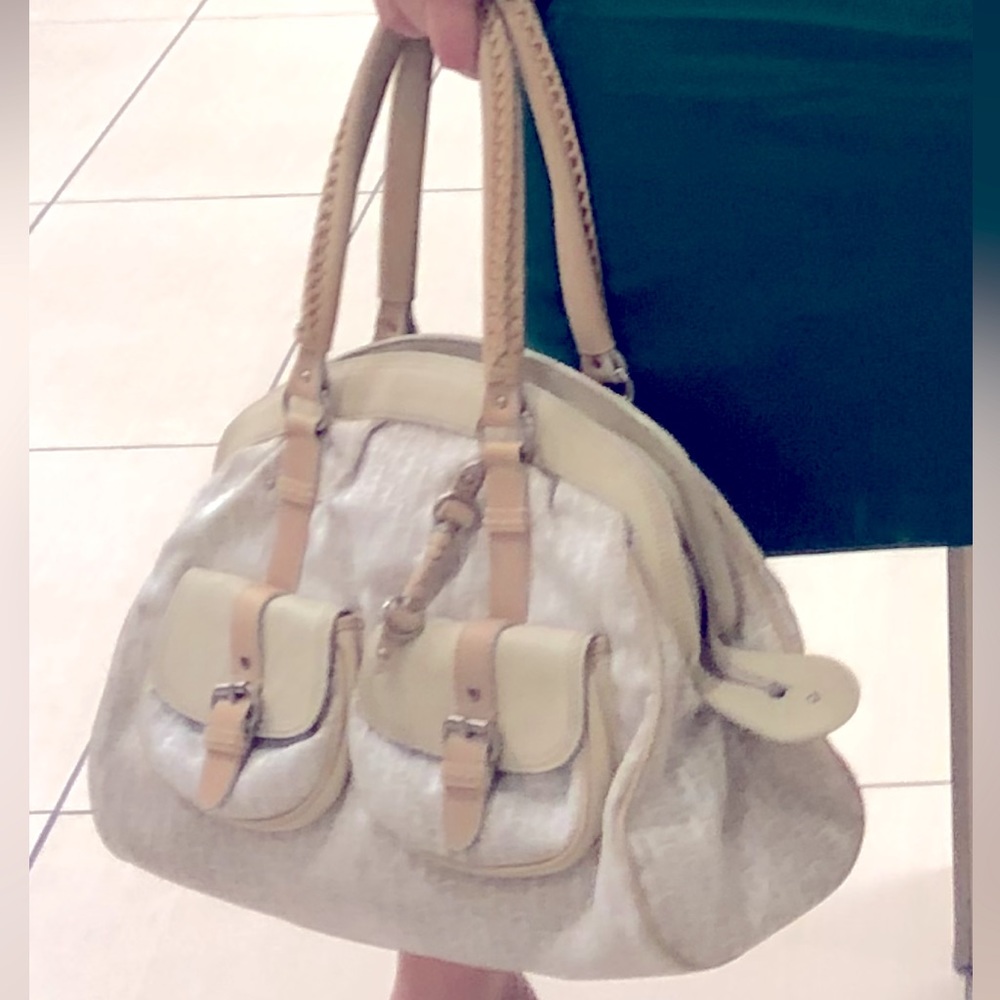 Used Christian Dior handbag dior monogram ivory canvas leather trim and handles